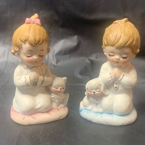 Praying Children Girl and Boy Figurines with Pets Cream Tan pink blue ceramic